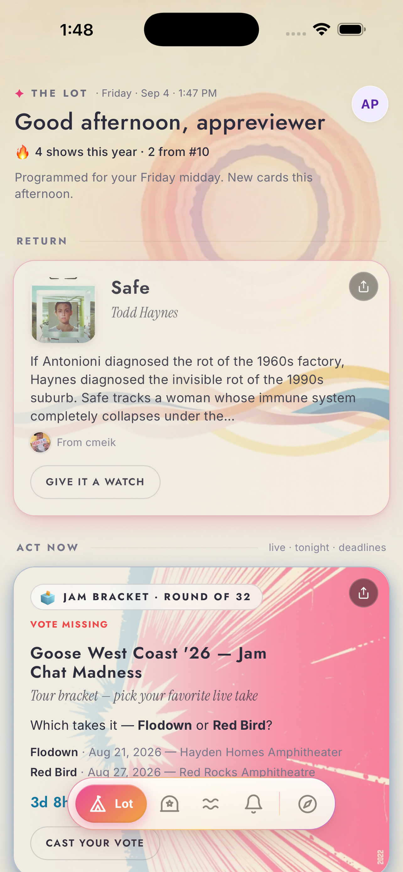 The Lot on iPhone, with a film recommendation and a community jam bracket