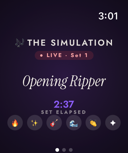 Zabriskie on Apple Watch showing the current song and reaction buttons during a demo show