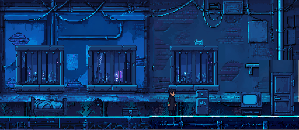 A 512-pixel-wide blue cyberpunk apartment with the player, bed, windows, furniture, and a sprite door at the far right. A bright vertical pipe remains above and alongside the door, with a large mismatched wall rectangle around it.