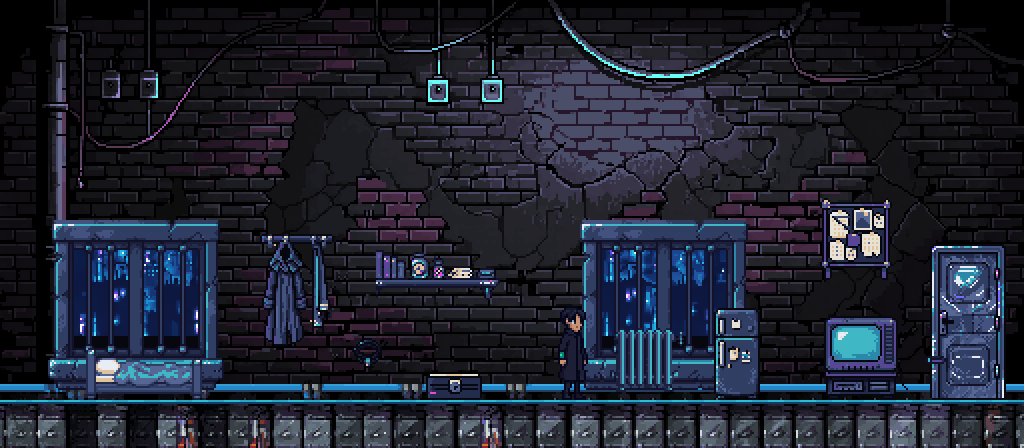 A late-SNES-style cyberpunk apartment with one continuous brick wall, two low windows onto a neon skyline, furniture sharing one visible floor line, a player near center-right, and a door at the far right.