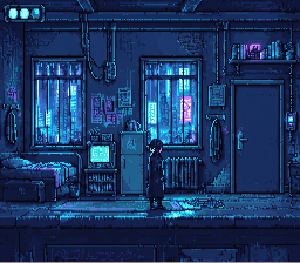 A richly detailed blue cyberpunk apartment drawn with depth, with a bed, refrigerator, television, tall windows, player, and door all composed into one image. It lacks one clear side-view floor, and the window bottoms and door handle sit near the player's head.