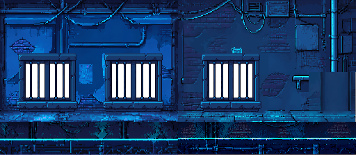 The 512-pixel-wide apartment shell after the door leaf was removed. Part of its frame remains inside a plain rectangle at the far right, while a hard vertical seam divides the independently generated wall halves.