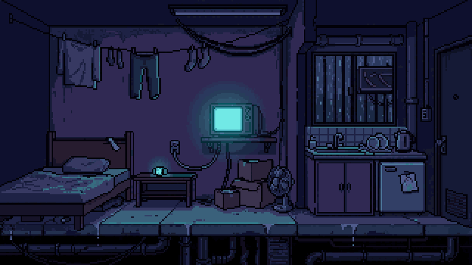 The original browser-game design for the Flat: a blue and violet side-view apartment containing a bed, glowing CRT television, boxes, fan, kitchenette, laundry, and doors.
