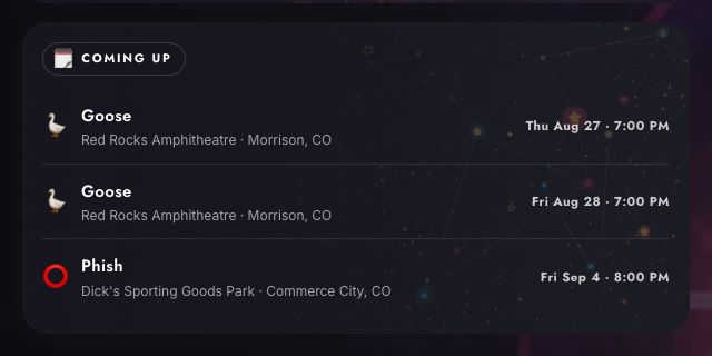 The Coming Up card in the late-hours Lot, listing two Goose shows at Red Rocks and a Phish show at Dick's Sporting Goods Park