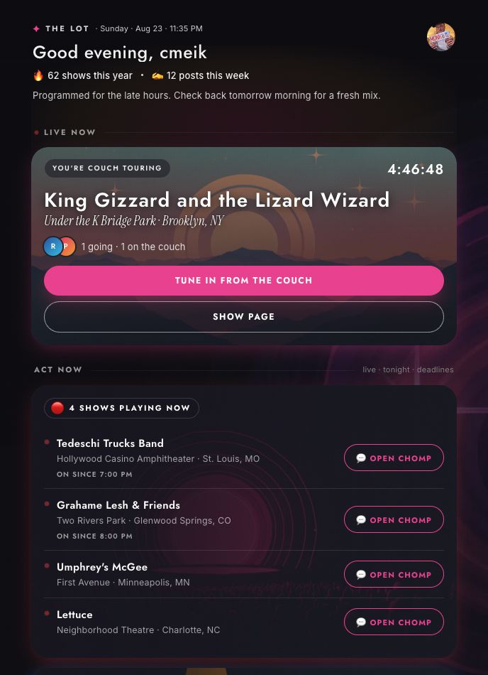The late-hours Lot on August 23, showing a live King Gizzard and the Lizard Wizard lead followed by an Act Now section with four live shows