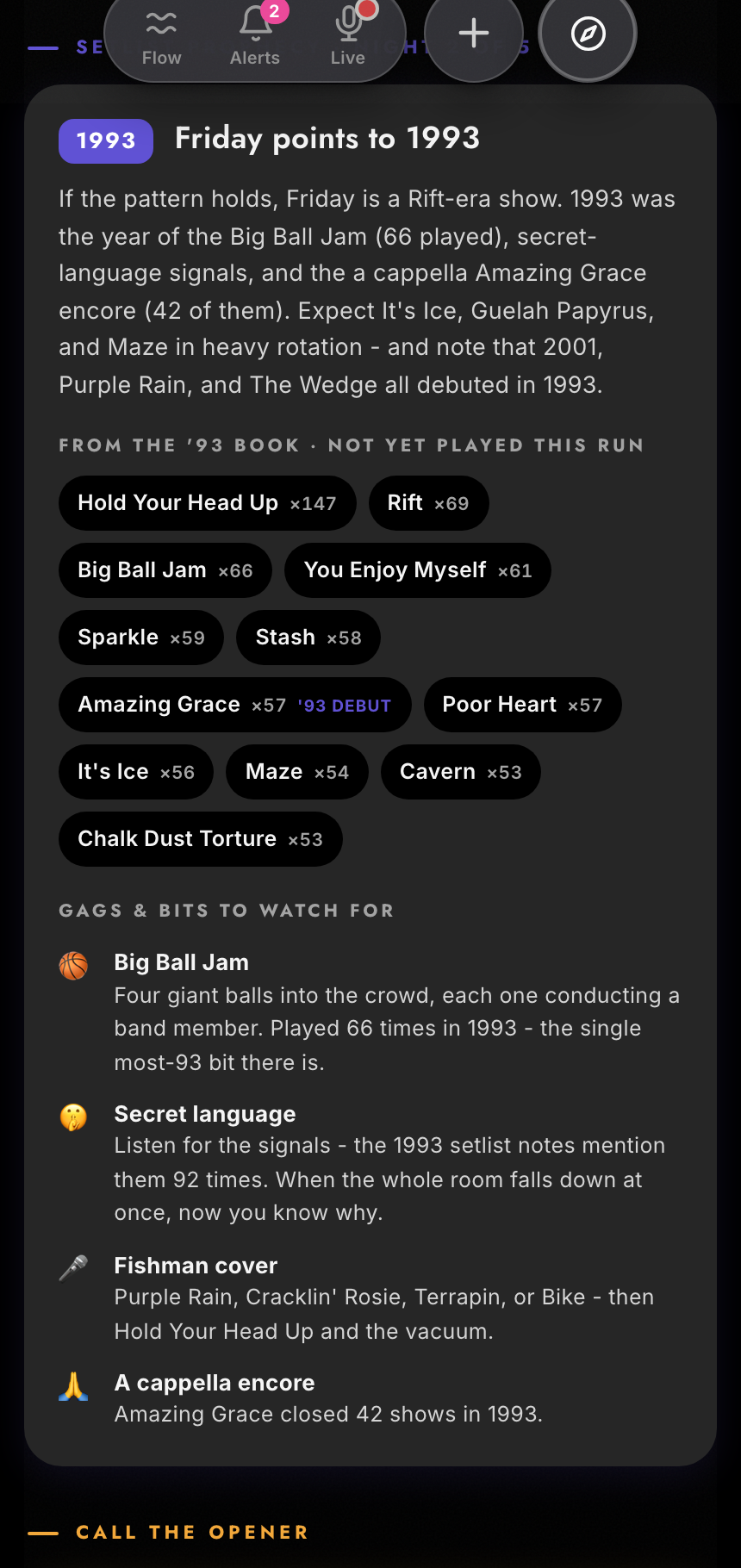 Dark-mode Zabriskie Setlist Prophecy board for Phish's 1993-themed night, showing likely songs and era-specific gags