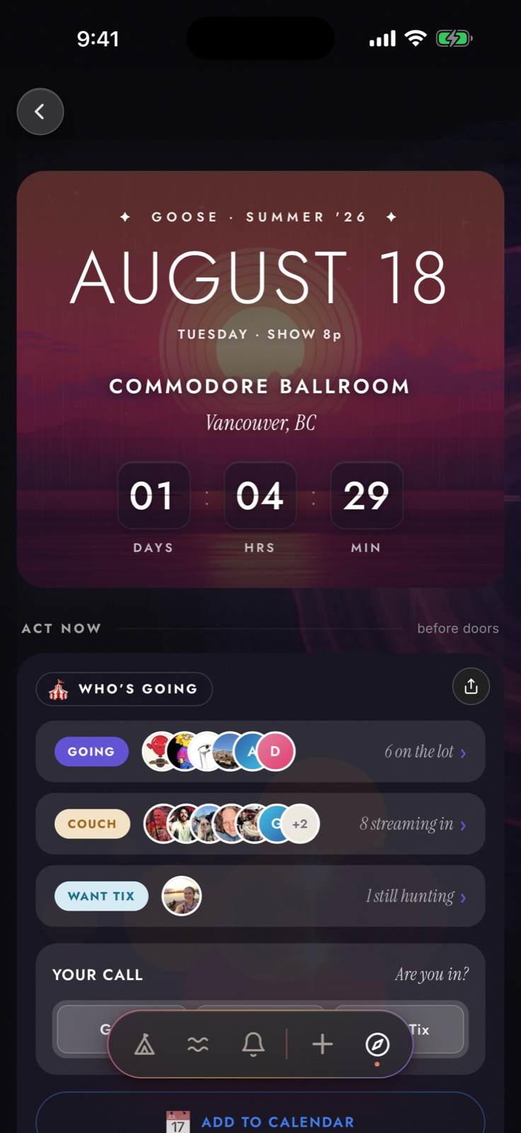 Zabriskie for iOS in dark mode showing the countdown and Going, Couch, and Want Tix groups for an upcoming Goose show
