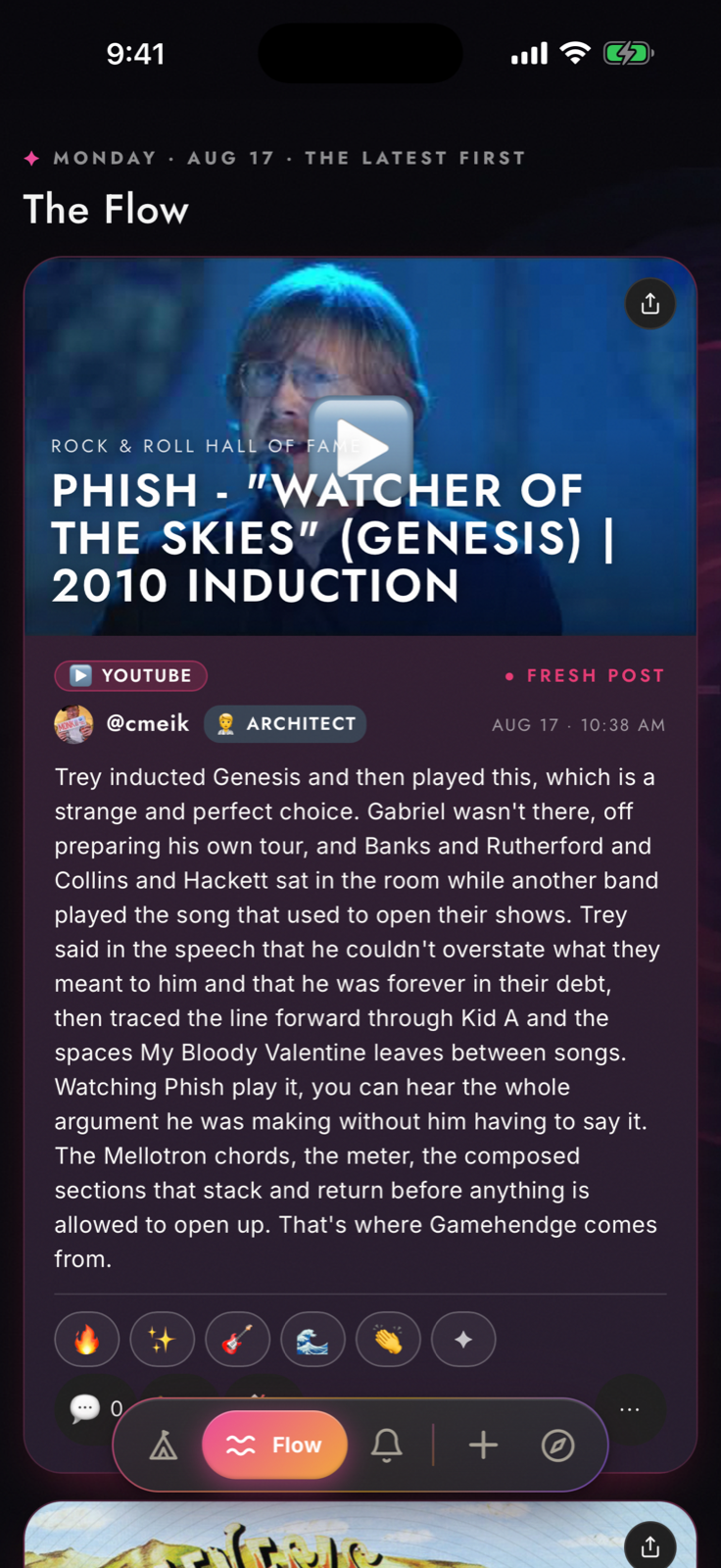 The Zabriskie Flow in dark mode showing a richly formatted post with video, text, reactions, and navigation