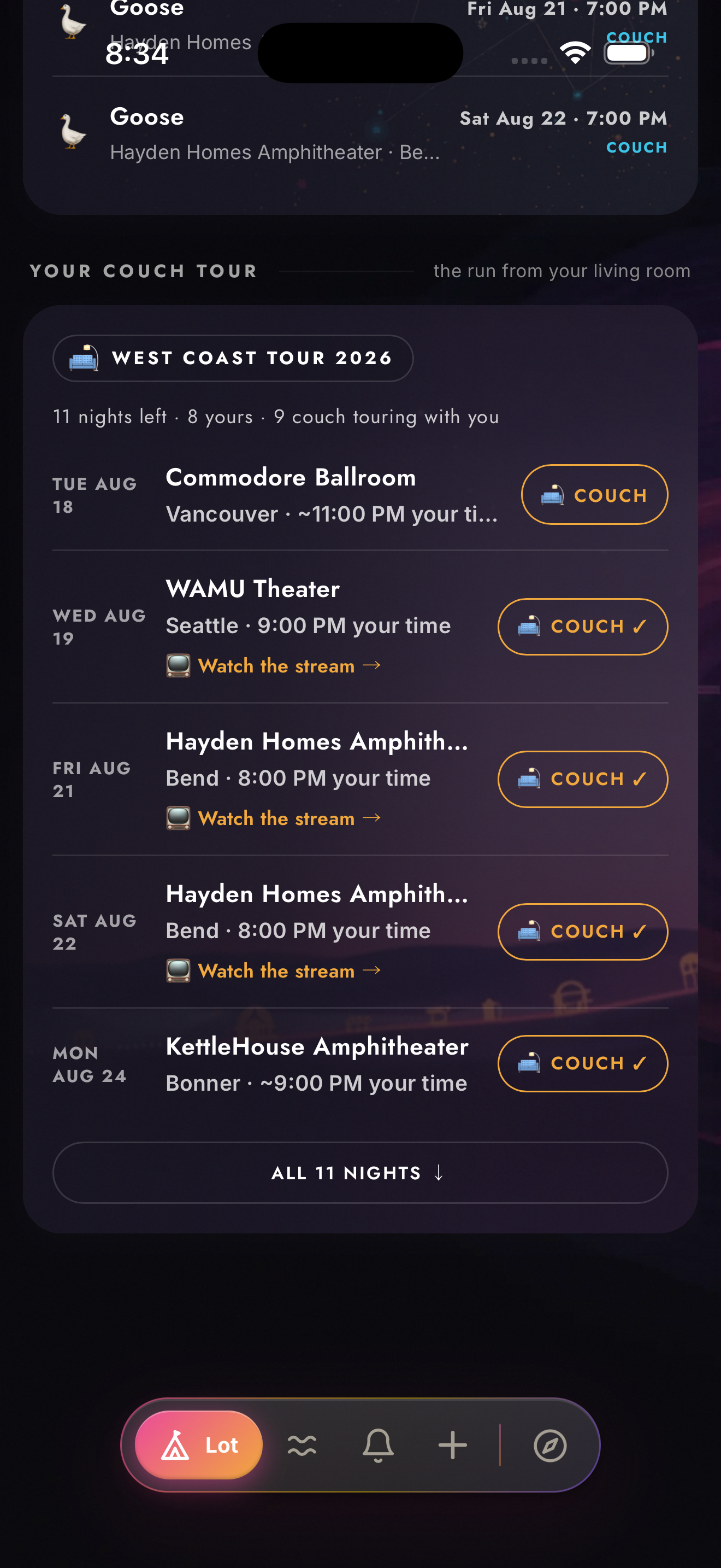 The Lot in Zabriskie for iOS in dark mode showing my populated Goose West Coast Couch Tour itinerary with local times and stream links