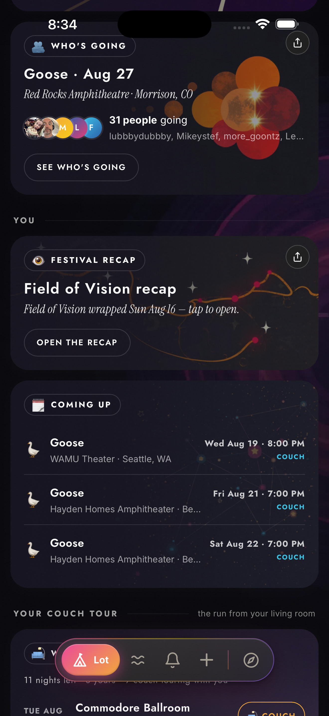 The Lot in Zabriskie for iOS in dark mode showing who is going to Goose at Red Rocks, a Field of Vision festival recap, and upcoming Goose couch dates