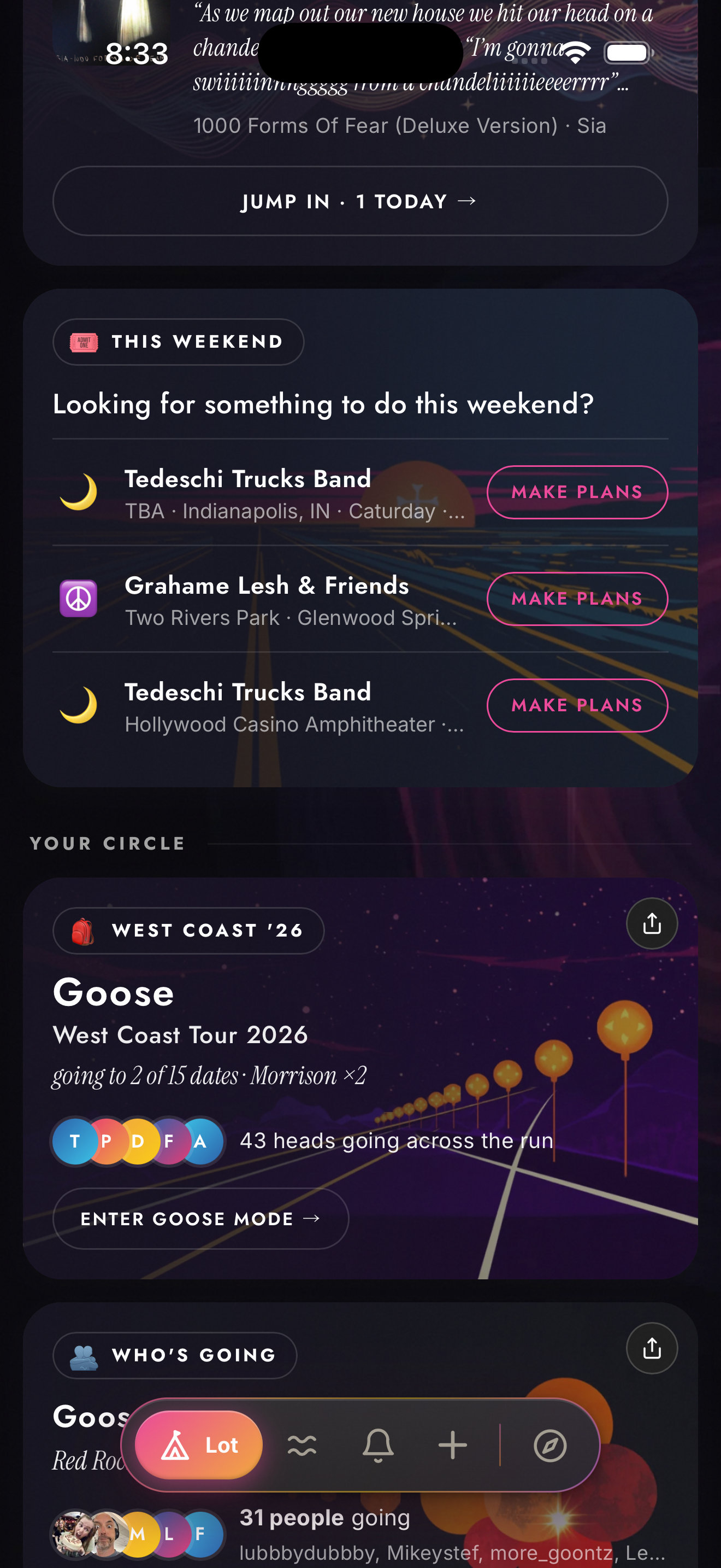 The Lot in Zabriskie for iOS in dark mode showing This Weekend recommendations and my circle around Goose's West Coast Tour 2026
