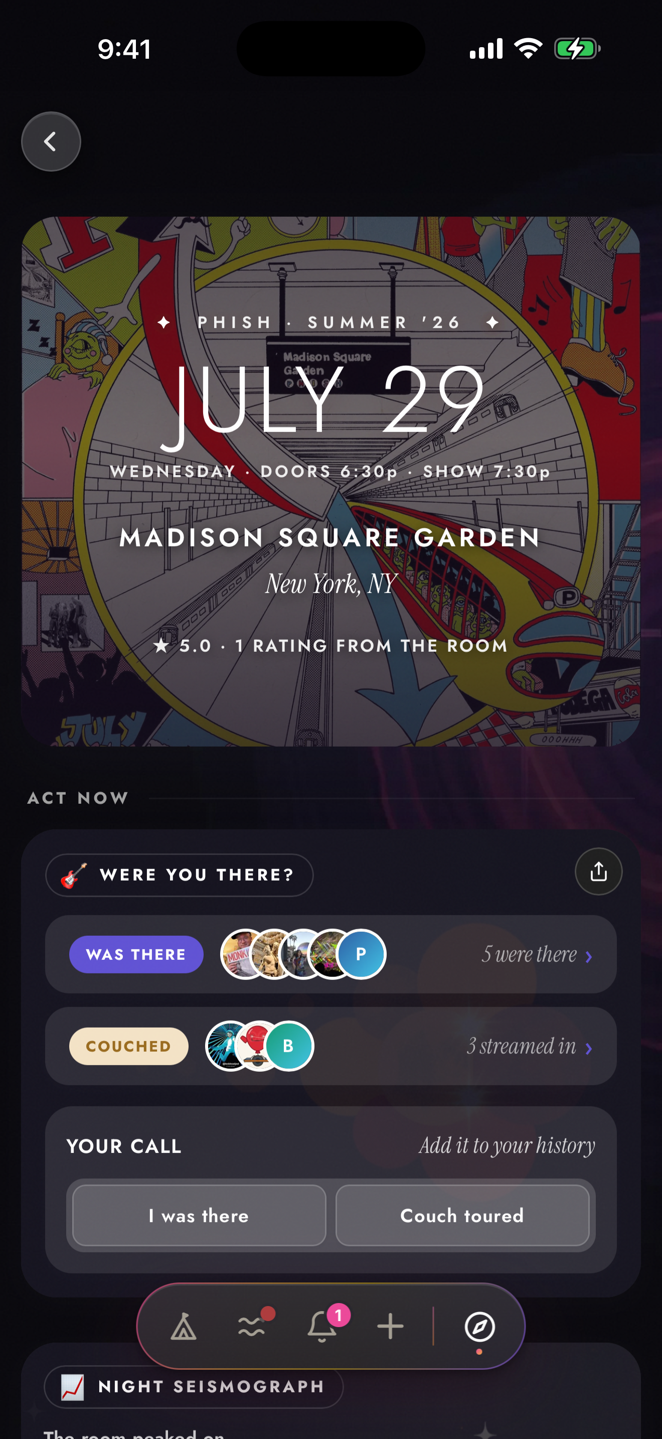 Zabriskie for iOS in dark mode showing Phish's July 29 finale at Madison Square Garden